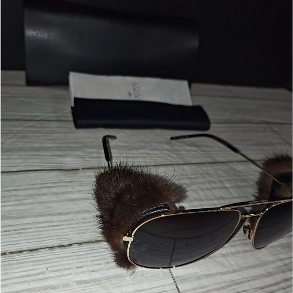 SAINT LAURENT Mink Fur Sunglasses Aviator Classic 11 Shields With Storage Case - Picture 4 of 12
